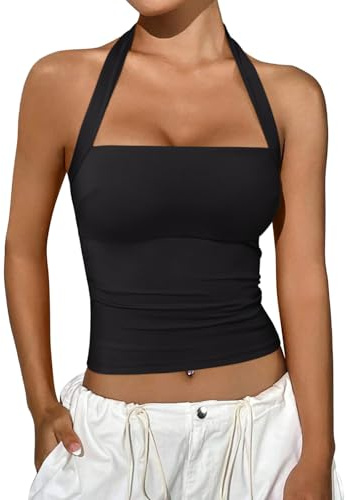 REORIA Halter Tops for Women Summer Sleeveless Going Out Outfits Y2K Trendy Cute Crop Tank Top Clothes Black Medium