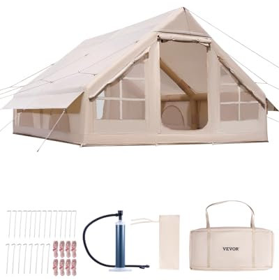 VEVOR Inflatable Tents for Camping, 5-8 Person Easy Setup Blow up Tent with Hand Pump, 300D Oxford Glamping Tent with Stove Jack 2 Doors & 4 Mesh Windows, Storage Bag Included for Easy Taking