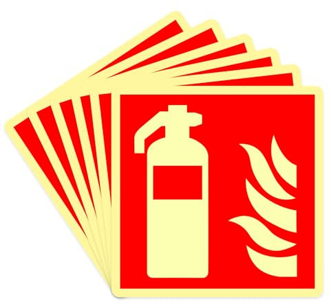 Tapvai 6 Stück Feuerlöscher Schild, 15 x 15 cm Feuerlöscher PVC Nachleuchtend Starker Kleber Hinweisschild,Nach ISO,Feuerlöscher Aufkleber Sicherheitsmarkierung,für Auto Büro Baustelle und Haus