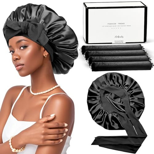 Bonnet Seide Lockenhaube zum Schlafen Verstellbare Satinhaube zum Schlafen mit 4 Heatless Curls Band Satin Haarhaube für die nacht Große Seidenhaube zum Schlafen Rutschfester Schlafhaube Seide