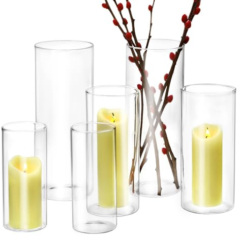 QWORK® 6 Pezzi vasi in vetro, vaso cilindrici vetro 25cm/20cm/15cm, decorazione da tavolo versatile, per fiori, candele e matrimoni