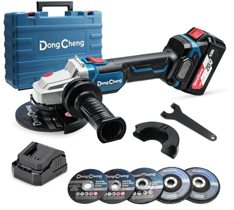 DongCheng Smerigliatrice angolare a batteria 18V, Ø125mm, 1000W, Motore Senza Spazzole, 3 Velocità, Protezione Rapida, Manico Anti-Vibrazione, Incl. Dischi, Batteria 4.0Ah & Caricabatterie