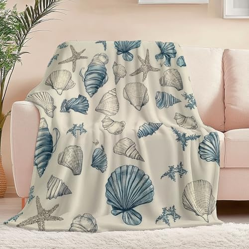 Kuscheldecke Fleecedecke Flanell Decke, Minimal Handbemalte Muscheln Seesterne Muster Wohndecken Couchdecke Flauschig Überwurf Tagesdecke Sofadecke Für Schlafzimmer 100 x 130 cm, Creme