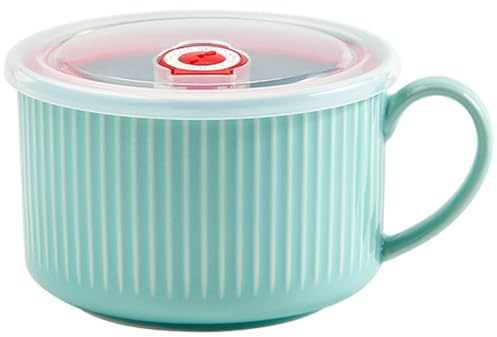 CGTQROVR Soup Bowl with Lid, 7 Inch Safe Ceramic Soup Bowls with Handles, Portable Multipurposeb Microwave Bowl for Home, School and Work