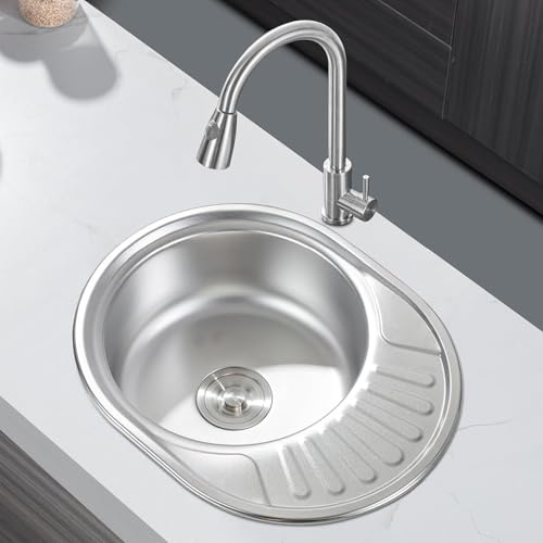 Melanstar Fregadero de cocina ovalado de acero inoxidable con estante y desagüe, 1 cuenco, 57 x 45 cm