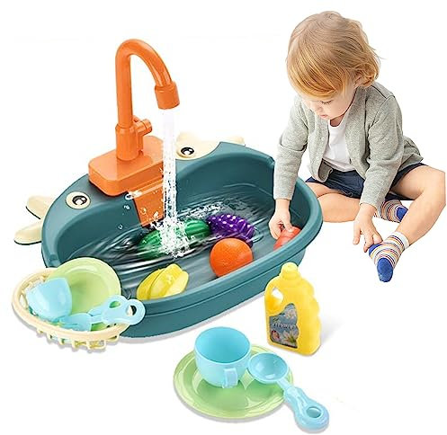 Gioche per la lavandino della cucina, lavandino da gioco elettrico per bambini con acqua corrente, fingi i lavelli da cucina con giocattoli da ruolo da cartone animato per bambini senza batteria