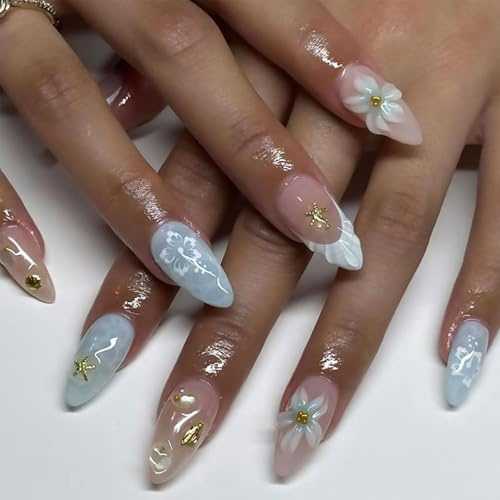Press On Nails, Summer Stick-On Nails – 24 Pieces Blue 3D Wave Design False Nails with Shells and Starfish, Short Almond Shape for Beach
