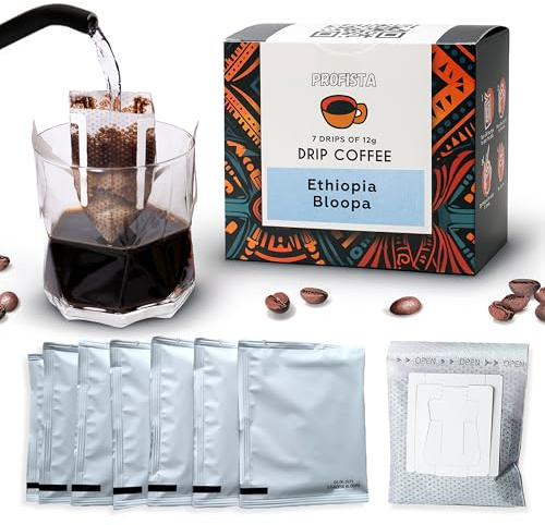 PROFISTA Drip Ethiopia Bloopa, Bustine Caffè in Infusione - Caffè da Portare con Sé, Ideale per la Festa del Papà e il Campeggio - 100% Arabica Macinato, 7 Bustine da 12 g (Ethiopia)