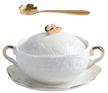 LOPUNER Cuenco de Cerámica con 2 Asas y Tapa, 3 Piezas, Blanco, Grueso, para Postres y Sopa, Adecuado para Restaurantes y Fiestas