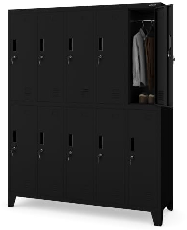 Jan Nowak Armadietto spogliatoio Armadio metallico con 10 Scomparti Fessure di ventilazione Rivestimento in polvere 172 cm x 136 cm x 45 cm (Nero)