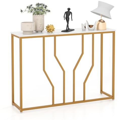 FANTASK Konsolentisch Marmor Optik,110 x 30 x 80 cm, Flurtisch mit geometrischem Metallrahmen, Eingangstisch schmal für Wohnzimmer, Flur, Eingang (Gold + Weiß)