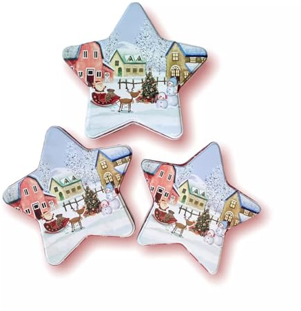 ALUNA Beautiful Christmas Xmas Tin Boxes,Unique Star-Shaped Design Perfect for Storing Chocolates, Biscuits, Treats, and More. Made from Food-Grade Material, They Can Be Nested for Convenient Storage