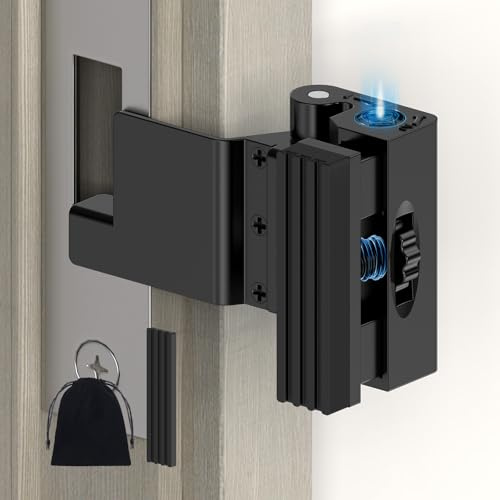 BiceNoning Portable Door Lock for Travel, No Drilling Adjustable Door Reinforcement Lock, Extra Security Latch Stopper for Apartment & Hotel Room Doors, Withstands 800lbs Force (Black-1PC)