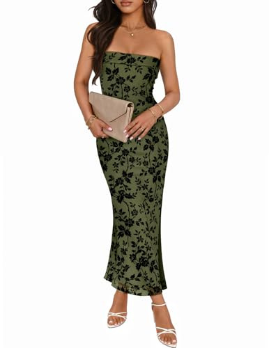 MEROKEETY Women's 2026 Summer Floral Strapless Dress Bodycon Tube Slit Mesh Wedding Guest Cocktail Party Maxi Dresses, Army, Small