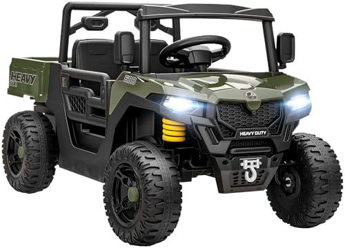 AIYAPLAY Macchina Elettrica per Bambini UTV 12V Fuoristrada Auto per Bambini con Bagagliaio, 2 Motori, Cintura 3 Punti, Telecomando, Sospensioni, USB, Musica, Luci, 1.8-3.7 km/h, 3-8 Anni, Verde