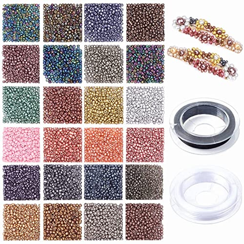 Prettme 7200 Stück 2mm Rocailles Perlen für Armbänder,Metallfarben Kleine Glasperlen Bastelperlen Set mit Elastischen Schnur für Halskette Ohrringe Schmuck machen und DIY Handwerk