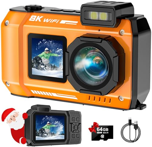 SPUNALP UHD 8K Underwater Camera, 70MP 33FT WiFi Waterproof Digital Camera with 64GB Card, Auto Focus Waterproof Dual-Screen Selfie 2500mAh Battery, 18X Floatable Digital for Snorkeling, Orange