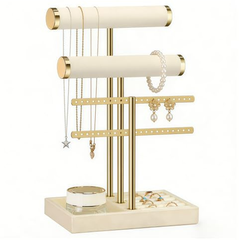 RoYiio smyckesställ organisatör med 3 nivåer, avtagbart T-steg smyckesställ, sammetsarmbandshållare, smyckeshållare för halsband, klockor, ringar, showroom smyckesdisplay, present till vänner – beige