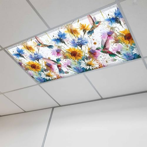 Fluorescent Light Covers, Hummingbird Magnetic Light Covers for Ceiling Lights, Spring Farmhouse Oil Painting Sunflowers Fluorescent Ceiling Shade Filters for Classroom Bedroom Office 4x2Ft x 1PCS