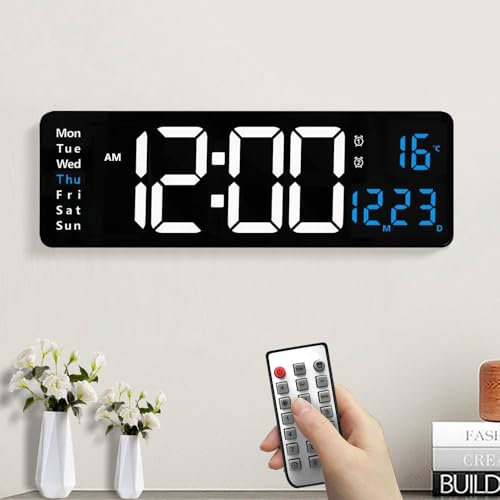 Jonuin 16 Large Digital Wall Clock, LED Digital Wall Clock with Remote Control, Date Week Temperature Display, 10-Level Dimmer, Dual Alarms, Wall Clock for Living Room Office Kitchen Gym (Blue)
