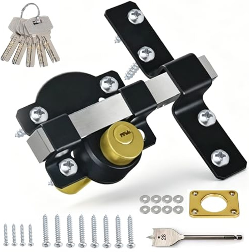 Cerradura de Puerta Tiro Largo para Puertas Madera 50 mm con 5 Llaves, Cerrojo Seguridad Acero Inoxidable con Cilindro Redondo, Cerrojo Sobreponer Interior Exterior, Bloqueo Trasera Doble Jardín Patio