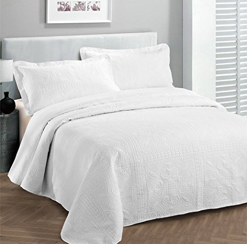 (King/California King, White) - Fancy Collection 3pc Luxury Bedspread Coverlet Embossed Bed Cover Solid White New Over Size 300cm x 270cm King/California King
