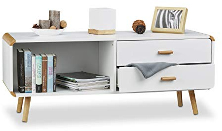 Relaxdays Aparador Salón Nórdico con 2 Cajones, Mesa Auxiliar Baja, Mueble TV, DM-Bambú, 48 x 120 x 40 cm, Blanco