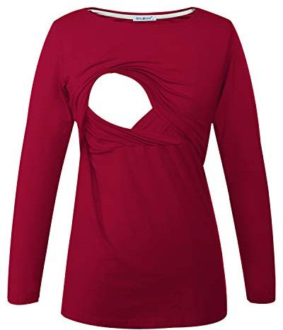 Smallshow Maglietta Allattamento Maniche Lunghe Donna Gravidanza T-Shirt Wine XXL