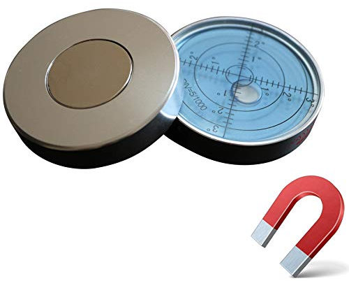 magnético, Nivel de burbuja grande de metal, grados, circular, nivel de superficie - recubrimiento de metal, ojo de toro, redondo, 60mm diámetro, Azul/Plata