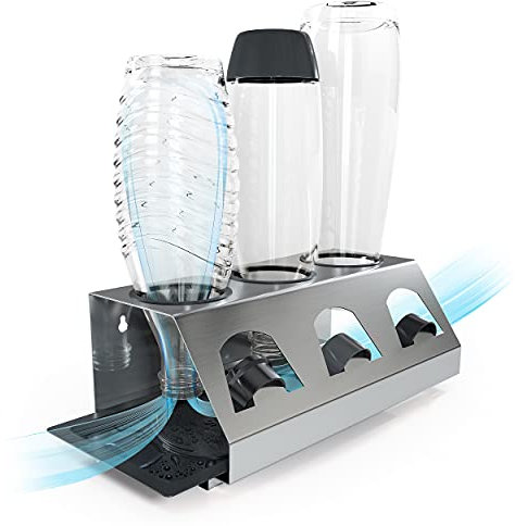 SodaClean® Premium Abtropfhalter aus Edelstahl mit Abtropfwanne - für SodaStream und Emil Flaschen | spülmaschinenfest Abtropfständer Abtropfgestell inkl. Deckelhalterung | Crystal Easy Power (3er)