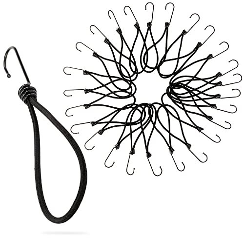 PRETEX Bungee-Seile mit Haken - Set mit 25 Stück x 23 cm Universal-Seilbändern und Befestigungen - Hochbelastbare Spanngummis, ideal für Camping Gepäck und Planen - Schwarzes Seil schwarzer Haken