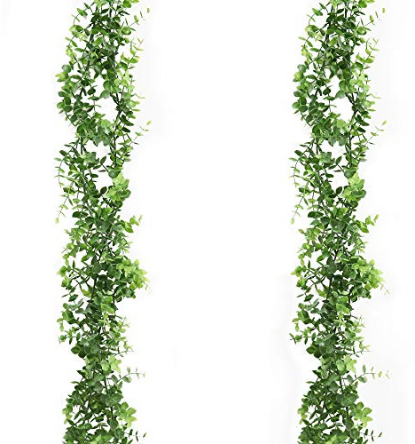 Derbway Künstlicher Eukalyptus, 2 Stück Kunstseide Eukalyptusgirlande Hängende Grüne Blätter Reben für Hochzeitsfeier Gartenzimmer Wandfenster Dekor