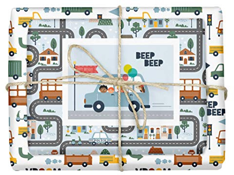dabelino® Geschenkpapier Auto/Kinder/Fahrzeuge für Jungen und Mädchen: 4x Bögen + 1x Karte (Automotiv, Autos, Geburtstag, Recyclingpapier, blau)