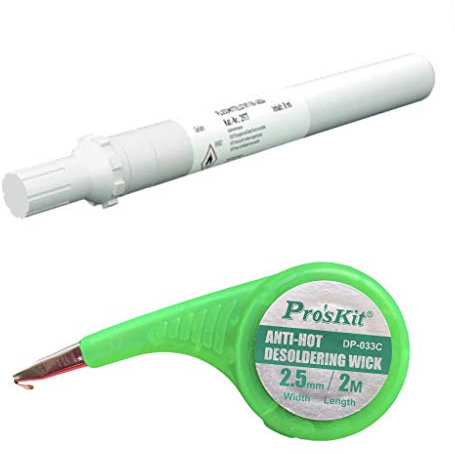 EO SMD-Lötset (1 x Flux-Pen/Flussmittelstift EO-Flux-Dosierstift FA-4004, 8 ml Inhalt (No-clean Elektronik-Flussmittel mit 3,5% Feststoff + 1 x Entlötlitze auf Abroller 2,5 mm - Hohe Saugfähigkeit)