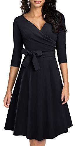 HOMEYEE Damen Retro 50s V-Ausschnitt mit Schärpe Swing Cocktail Party Kleid A240 (L, Schwarz)