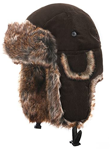 Heavyoff Unisex Fliegermütze Kunstfell Wintermütze mit Ohrenklappen Warme Cord Fellmütze Dunkelbraun L