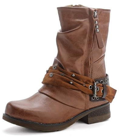 ST04 Bottines de motard pour femme - Bottes avec rivets - Talon bloc - Confortables - Automne Hiver - Boucles, camel, 38 EU
