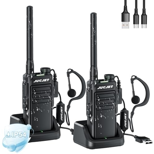 JUCJET EP31 Walkie Talkie PMR446 IP54 Resistente all'Acqua, 2 Pezzi | PMR446 senza licenza, 16 canali, IP54 resistente all'acqua, cavo Type-C, base di ricarica USB, auricolari