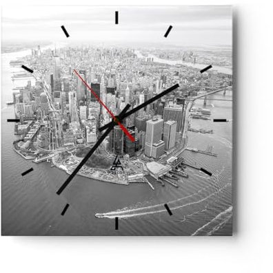 Modern Wanduhr New York Landschaft Die Architektur 40x40cm Quadrat Groß Wand Uhr Glas Analog Zimmeruhren Küche Büro Wohnzimmer Glasuhr Wall Clock Dekoration Design Küchenuhr C3AC40x40-5294