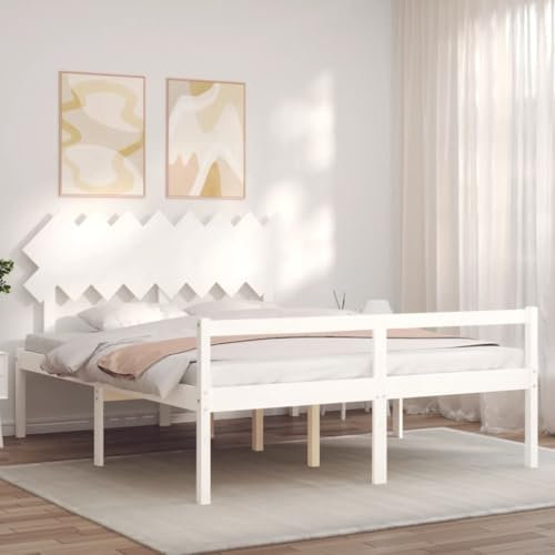 vidaXL Seniorenbett, Holzbett Bett mit Kopfteil Stauraum, Doppelbett für Senioren, Komfortbett Bettgestell mit Lattenrost, Schlafhöhe vom Boden 45cm, 160x200cm Weiß Massivholz