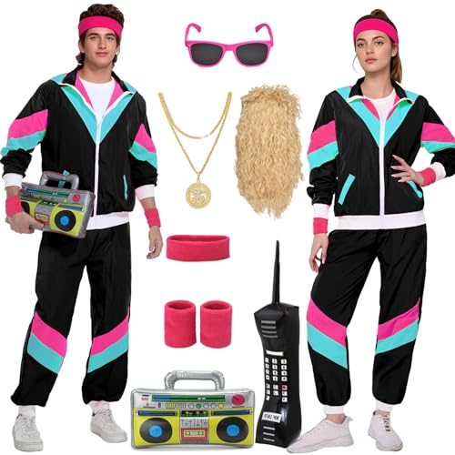Velmawig 80er 90er Jahre Outfit Herren Damen Kostüm Jogginganzug Trainingsanzug Jacke und Hose Retro Anzug mit Accessoires Radio Sonnenbrille Halskette Schweißband für Karneval Fasching Mottoparty