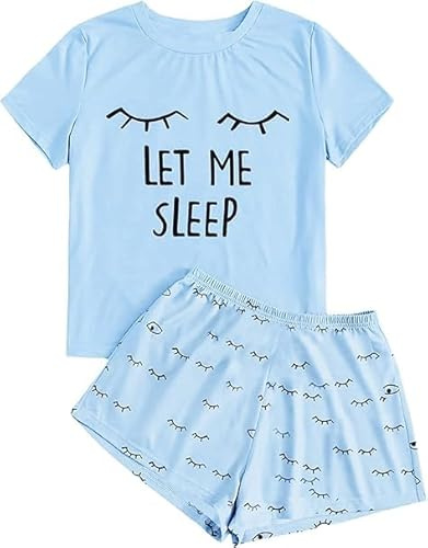 Haloumoning Pigiama estivo da ragazza, set di pantaloncini comodi, a maniche corte, con stampa a cartone animato, maglietta e pantaloni corti, Blu, 8-10 Jahre