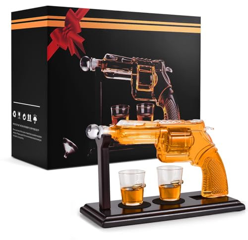 Hyexu Ensembles de carafes à Whisky pour Hommes Cadeaux de Whisky Uniques pour Hommes Distributeur de Liqueur fraîche en Forme de Pistolet de 8,5 oz Parfait avec Deux Verres de 1,7 oz pour la fête de
