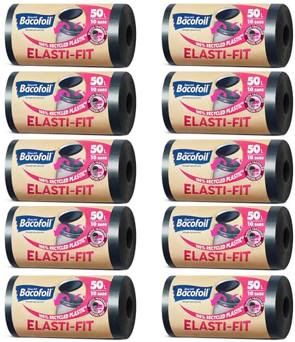 Bacofoil Elasti-Fit Bin Liners with Drawstring Handles 50L - Leak-Proof Bin Bag with Elastic Fastening for a Secure Fit (10 Rolls, 100 Bags)…