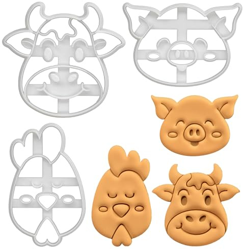 BAKERLOGY Set de 3 emporte-pièce animaux de la ferme (Motif: Cochon Heureux, Poulet Zen, Vache Joyeuse)