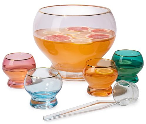 Colorful 1.7 Gallon Punch Bowl with 4 10oz Glasses Set with Ladle Gift For Mothers Day, Her, Wife, Mom, Friend - Colored Set Cocktails, Margarita, Juice, Punch Drink bowl for Parties, Weddings