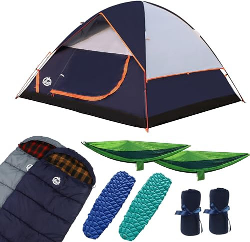 Northroad 9-teiliges Campingzelt-Set, inklusive Kuppelzelt für 1 2/3 Personen, 2 Schlafsäcke, 2 Isomatten/Campingmatte, 2 einzelne Camping-Hängematte mit 2 Baumgurten, 2 leichte flauschige Bettdecken