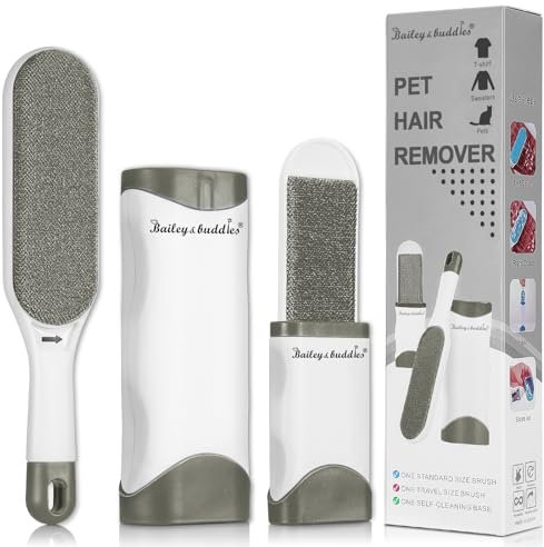 Bailey & Buddies Pet Hair Remover Lint Brush with Self-Cleaning Base & Travel Kit – Reusable Double-Sided Fur Remover & Lint Roller for Dogs & Cats – Clothes Sofa Carpet Furniture Car Fluff Cleaner