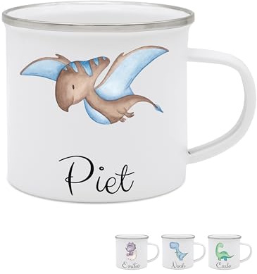 wunderwunsch - Personalisierte Emaille-Tasse für Mädchen - Geschenk zum Schulanfang, Kindergarten (Flugsaurier)