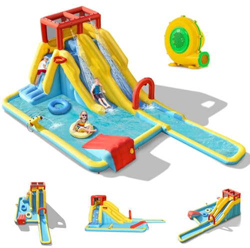 GOPLUS Château Gonflable XXL Extérieur Aquatique avec Souffleur avec Piscine,Pistolet d’Eau Toboggan Aquatique pour Enfants 3-10 Ans(Slide, avec Gonfleur 680W)